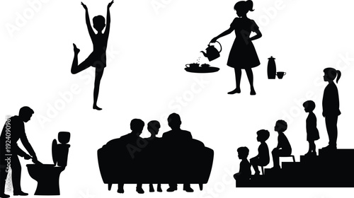 Black vector silhouette set of people performing daily activities including dancing pouring tea sitting on a sofa and climbing stairs for lifestyle branding, cad drawing flat vector illustration