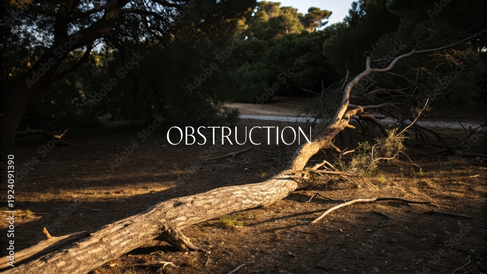 Fototapeta premium Fallen Tree Blocking Path in Lush Forest Environment