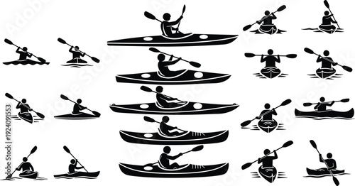 Black vector silhouette set of people rowing kayaks and canoes in various poses for water sports outdoor adventure summer recreation and nautical branding
