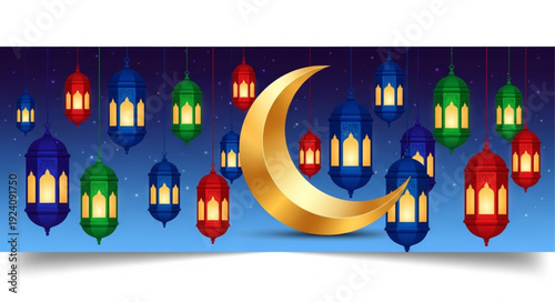 Golden Crescent Moon Surrounded by Colorful Ramadan Lanterns.