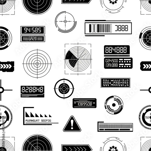 Seamless Pattern of Futuristic Digital Interface Elements and Data Displays.