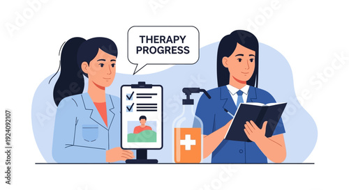 Healthcare Professionals Monitoring Therapy Progress and Patient Records, Medical Consultation and Wellness Journey Illustration