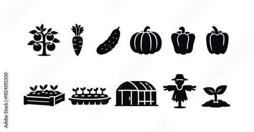 Gardening and farming silhouette icon set. Vegetable, plant, agriculture icons.