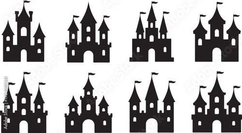 Collection of eight black fairytale castle silhouettes with multiple turrets and flags on a white background