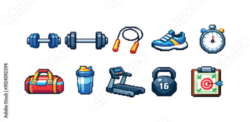 Fitness and exercise pixel icon set with gym equipment and sports items