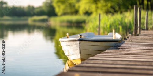 Small rowboat moored at wooden pier on calm lake surrounded by green nature