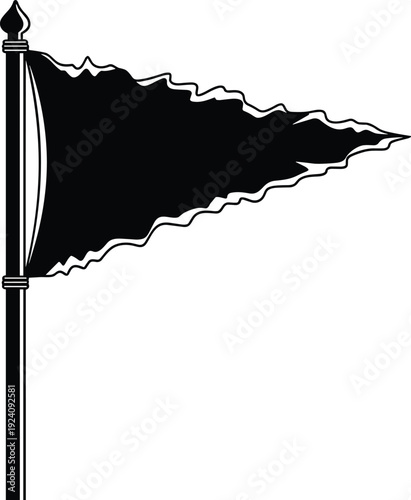 Black vector silhouette of a tattered triangular pennant flag on a flagpole with jagged edges for medieval nautical or pirate themed graphic design