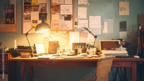 Messy bedroom interior with a bed, desk, and various items scattered around, creating a cluttered atmosphere.