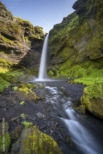Kvernufoss waterfall, in summer when the weather is fine, gorge and river, Skogar, Sudurland, South Iceland, Iceland