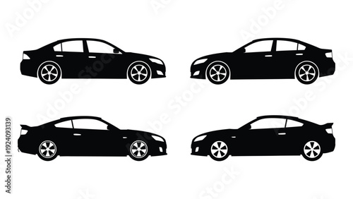 Four black car silhouettes on a white background isolated on white background, Vector