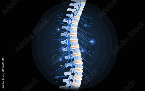 Human Spine Anatomy with Spinal Cord and Nerves Illustration, Flat Medical Graphic on Dark Background