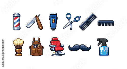 Barber shop filled icon set. Scissors, razor, comb, chair icons for hairstyling