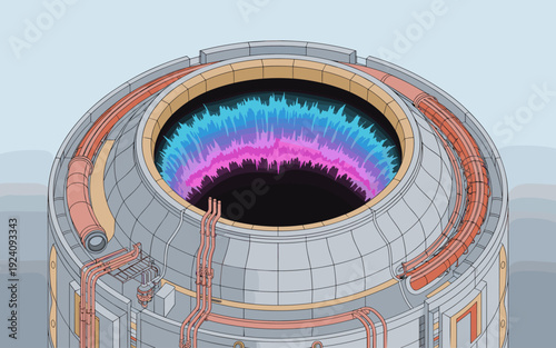 Isometric Nuclear Fusion Reactor Illustration with Plasma Core and Futuristic Energy Tech Flat Art