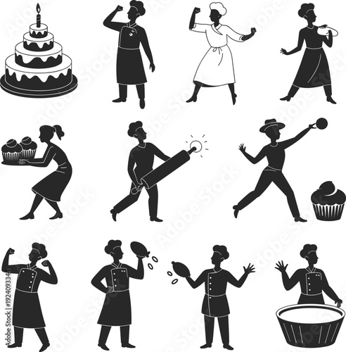 Black vector silhouette set of professional chefs and bakers preparing cakes holding rolling pins and 