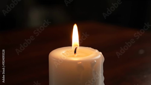 Flickering candle flame on wooden table with gentle wax drip in warm ambiance