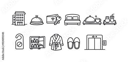Hotel and hospitality line icon set. Accommodation services and amenities collection