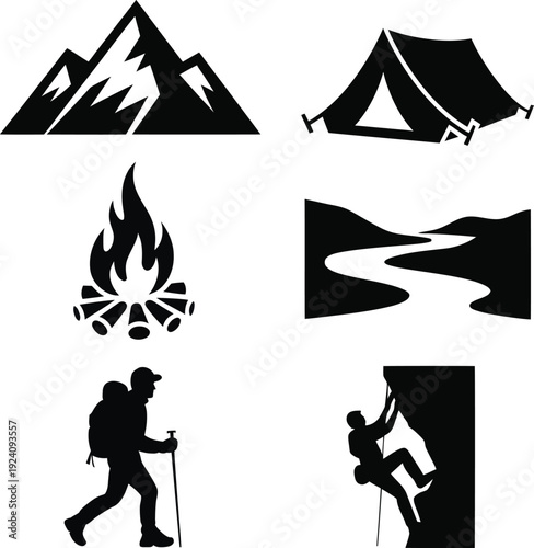 Black silhouettes of camping and hiking on white background