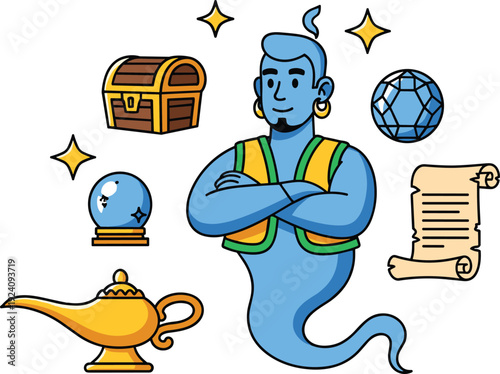Magical Genie Character Vector Illustration with Golden Oil Lamp Treasure Chest Crystal Ball and Ancient Scroll Isolated on White Background