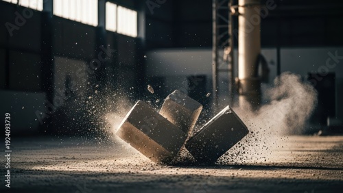 Crates colliding with impact and dust in a large, industrial warehouse