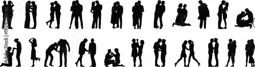 Collection of romantic couple silhouettes showing love, proposal, wedding, kissing and intimate embrace poses isolated on white background for relationship concept design
