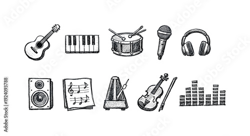 Music instruments silhouette icon set. Guitar, piano, drums silhouette collection.