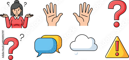 Confusion and Doubt Vector Icon Set with Shrugging Woman Hands Question Marks Speech Bubbles and Warning Sign Isolated on White Background