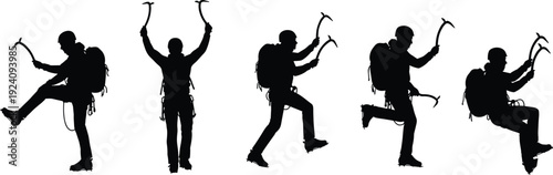 Black vector silhouette set of professional ice climbers with backpacks and ice axes in various mountain climbing poses for winter adventure and extreme sports