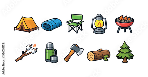 Camping essentials icon set. Adventure, outdoor, equipment icons in flat style
