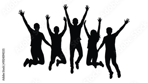 A group of people jumping in the air with their arms raised isolated on white background, Vector