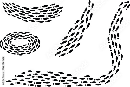 School of fish silhouette vector set forming abstract shapes and swimming patterns marine wildlife illustration collection