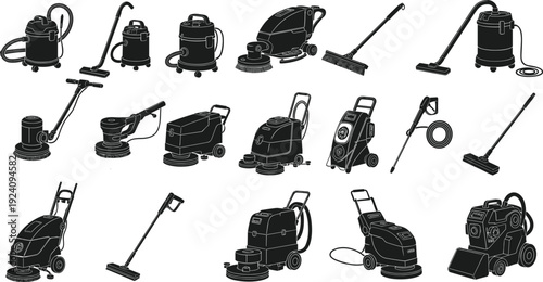 Black vector silhouette set of professional industrial cleaning machines including floor scrubbers vacuum cleaners and pressure washers for commercial janitorial and maintenance service branding