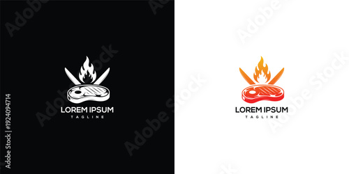 Steak Grill Logo Concept - Meat Fire Knives BBQ Food.