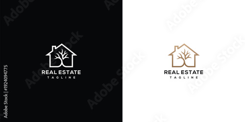 Real Estate Logo House and Tree Symbol Minimalist Design.
