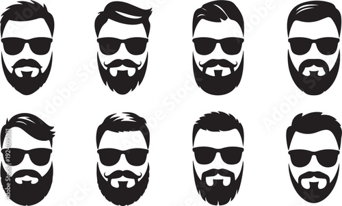 Collection of eight diverse black silhouette illustrations featuring men with beards and stylish sunglasses
