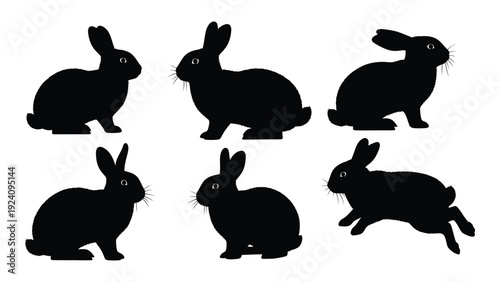 Six black silhouettes of rabbits in different poses isolated on white background, Vector