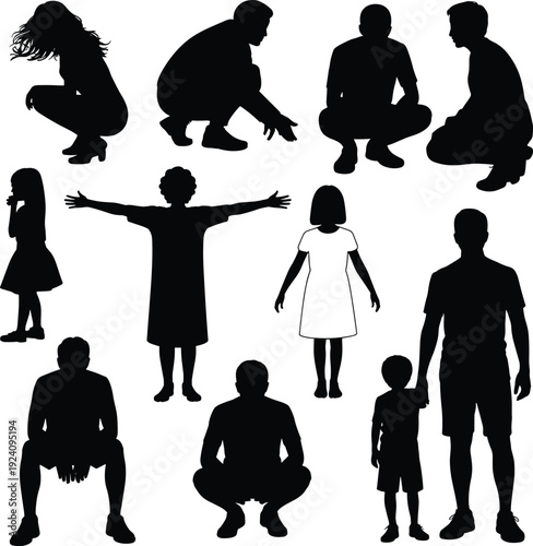 Family Silhouettes Collection Featuring Men Women and Children in Standing and Squatting Poses Isolated on White Background for Parenting and Lifestyle Concept Design