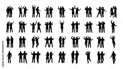 A collection of 36 black silhouettes of people in various poses isolated on white background, Vector