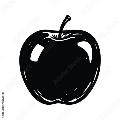 Stylized black apple silhouette isolated on a white background, minimalist hand-drawn graphic design element for organic food branding, healthy lifestyle, and educational materials.