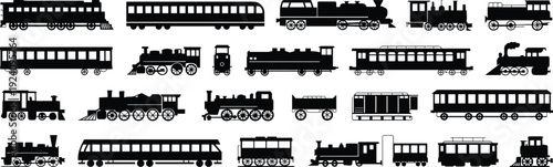 Vintage and modern train silhouette vector collection featuring steam locomotive passenger carriage and railway transport illustration set