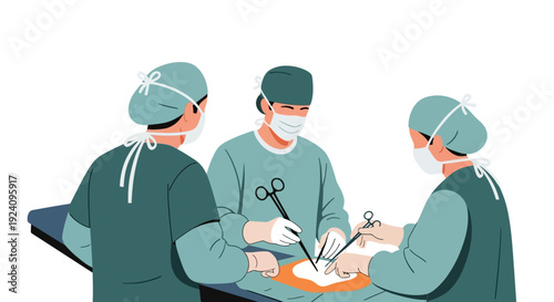 Collaborative Surgical Team Performing Operation Illustration with Instruments. Healthcare Professionals in Operating Room, Medical Procedure Concept.