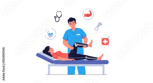 Physical Therapy Session: Physiotherapist Aids Patient with Leg Rehabilitation and Joint Pain Treatment in a Medical Clinic