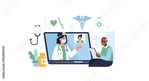 Telemedicine Consultation: Doctor Advising Senior Patient Online via Laptop