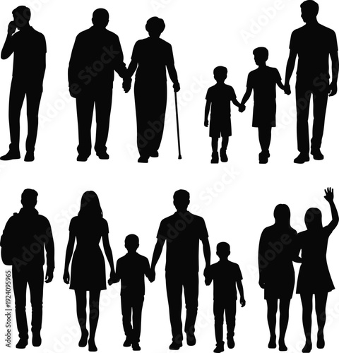 Family silhouettes collection featuring parents, children, elderly couple and walking figures isolated on white background, symbolizing love, generation, unity, and togetherness concept.