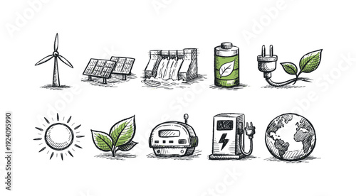 Renewable energy and sustainability icon set with sketch style illustrations