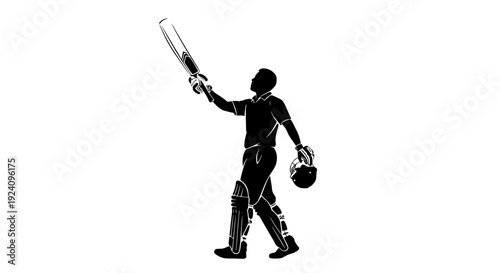 Dynamic silhouette illustration of a triumphant male cricket player raising his bat in celebration after scoring a century or reaching a significant milestone during a match, 