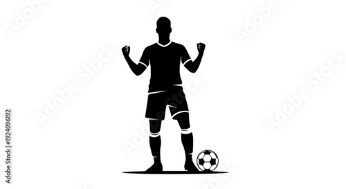 Dynamic black silhouette of a victorious male soccer player celebrating a triumphant goal or game win, clenching his fists in a powerful pose with a football at his feet, embodying sports success, 