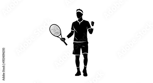 Professional male tennis player holding a racket in one hand, celebrating a successful match with a triumphant fist pump, wearing typical athletic sportswear including a headband, shirt, and shorts, 