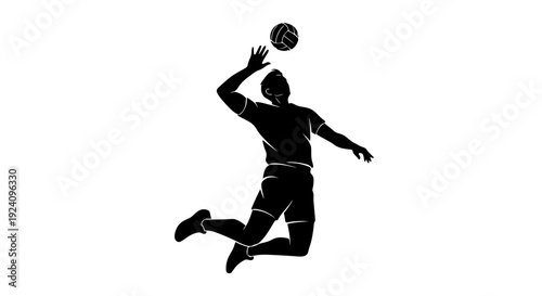 Dynamic black silhouette illustration of a male athlete spiking a volleyball high above his head during intense indoor competition on transparent background