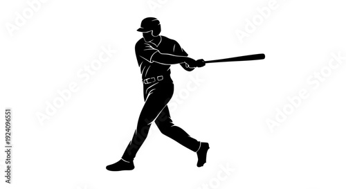 Dynamic baseball player silhouette in full swing, aggressively hitting the ball with powerful determination, showcasing athletic strength and passion for the sport, ready for a home run.