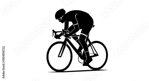 A dynamic silhouette illustration of a professional road cyclist rider on a racing bicycle, depicting competitive sport, athletic endurance, and high-performance speed. This detailed vector graphic .